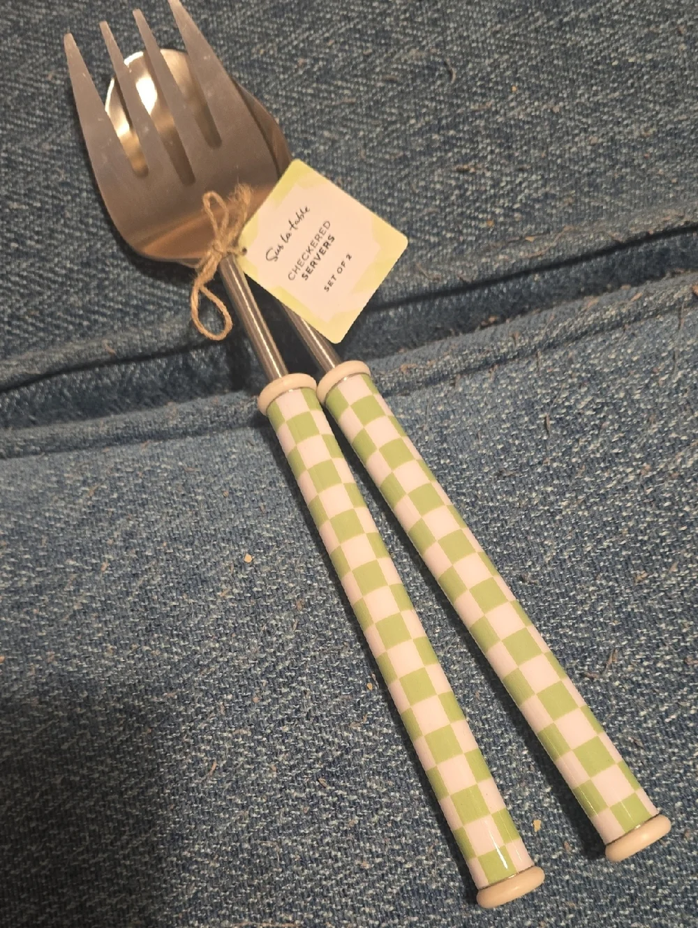 ❤️BUY 2 GET 1 FREE Sur La Table Enameled Green Checker Servers, Set of 2